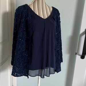 Alex Evenings, Navy Blue Lace Sequin Wrap Top Jacket Set XL NWT